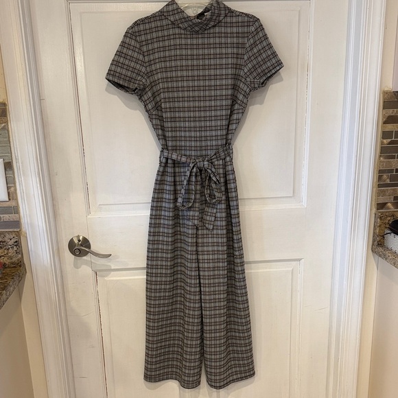 BeBop Pants - BeBop Gray Plaid Jumpsuit with Belted Waist